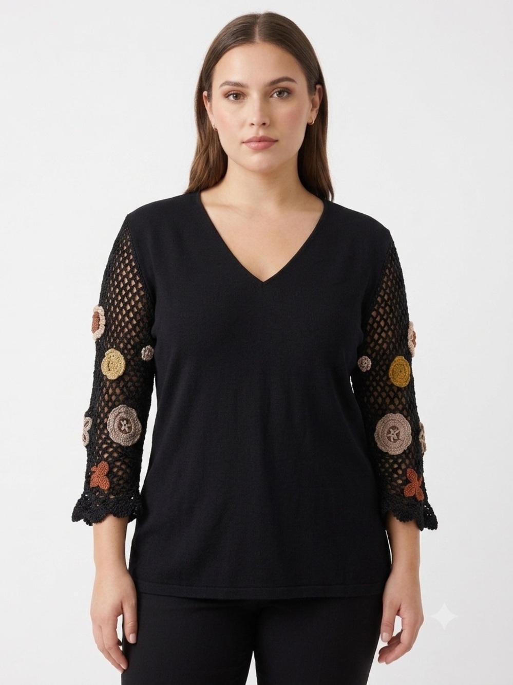 Vintage Joseph A Black Top Womens L Crochet Floral Bell Sleeve V-Neck Y2K Boho
